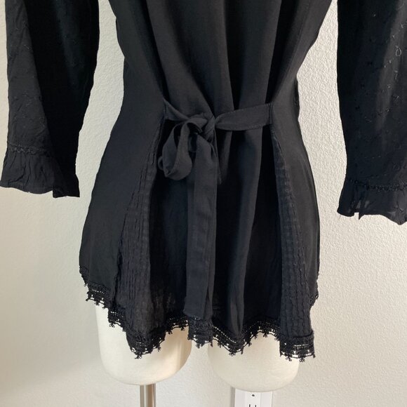 Scully Womens Small Black Embroidered Button Up Blouse 3/4 Sleeve Shirt Tie Back - Picture 9 of 9